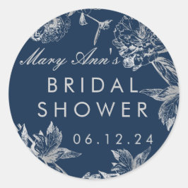 Brautparty für Simple Floral Silver Navy Blue Runder Aufkleber