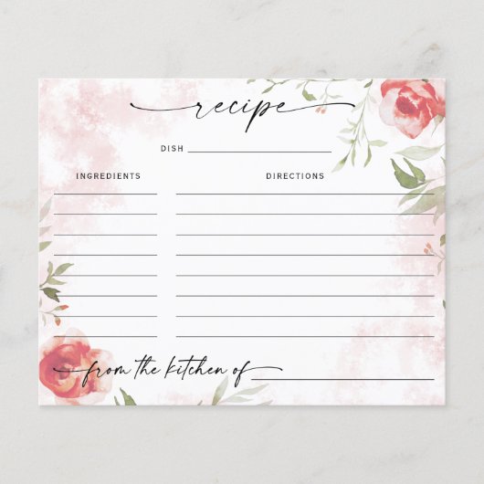 Brautparty für Wasserfarben Blumenrot Rezeptkarte (Vorderseite)