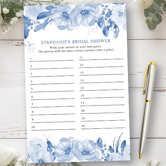 Brautparty Game Blue Floral Anssheet