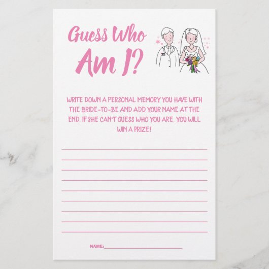 Brautparty Game Card Guess Wer bin ich? Flyer (Vorne)