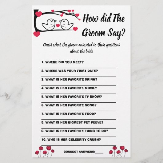 Brautparty Game Card Was hat der Groom gesagt? Flyer (Vorne)