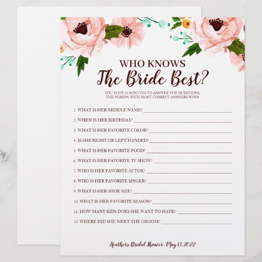 Brautparty Game, der Bride Floral kennt (Vorne/Hinten)