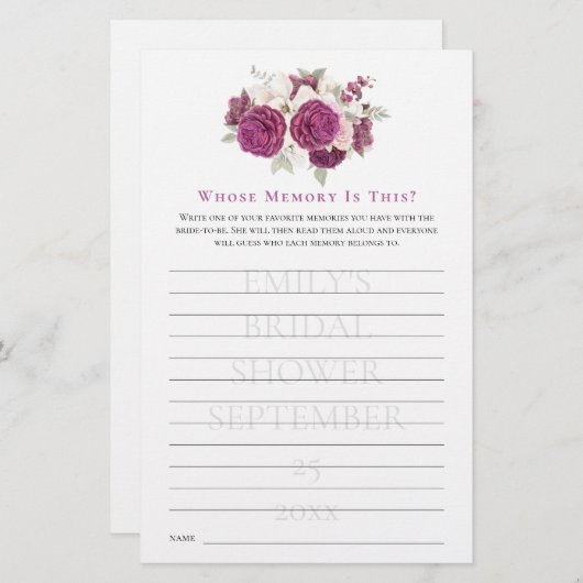 Brautparty Game, dessen Speicher Burgund Florals (Vorne/Hinten)