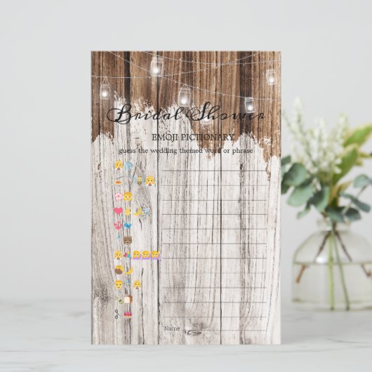 Brautparty Game Emoji Pictionary Rustikales Holz (Stehend Vorderseite)