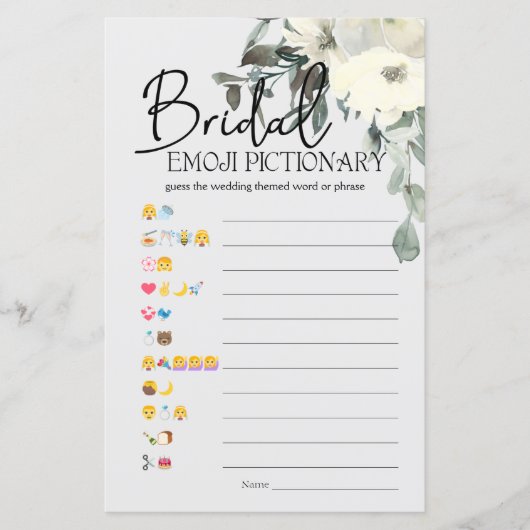 Brautparty Game Emoji Pictionary White Floral (Vorderseite)