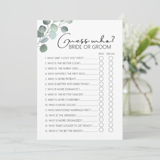 Brautparty Game-Eucalyptus-Guess Who Programm (Stehend Vorderseite)