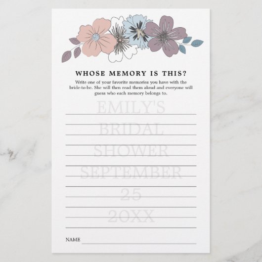 Brautparty Game mit Memory Blue Pink Florals (Vorderseite)