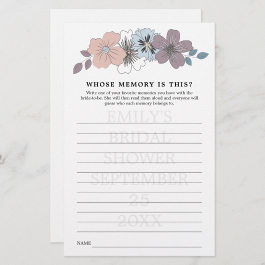 Brautparty Game mit Memory Blue Pink Florals (Vorne/Hinten)