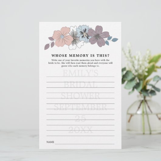 Brautparty Game mit Memory Blue Pink Florals (Stehend Vorderseite)