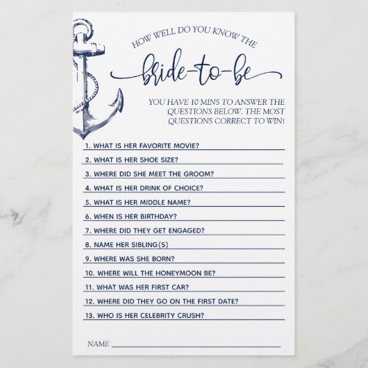 Brautparty Game Nautical Anchor (Vorderseite)