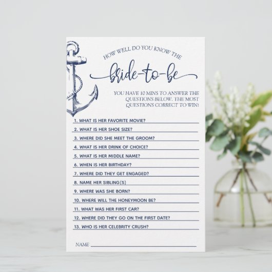 Brautparty Game Nautical Anchor (Stehend Vorderseite)