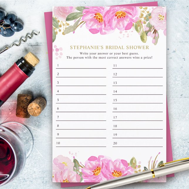 Brautparty Game Pink Floral Anscard (Bridal Shower Game answer card from my Pink and Gold Watercolor Floral Collection)