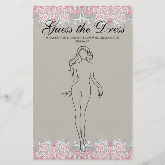 Brautparty Game Pink Scrolls Raten Sie das Kleid Flyer (Vorne)