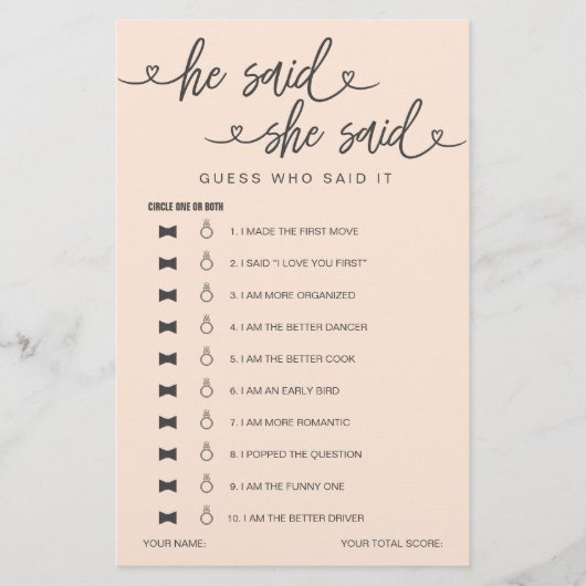 Brautparty Game sagte er sagte, sie sagte raten (Vorderseite)