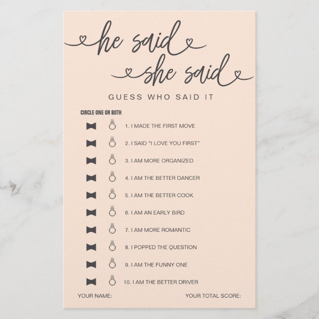 Brautparty Game sagte er sagte, sie sagte raten (Vorderseite)