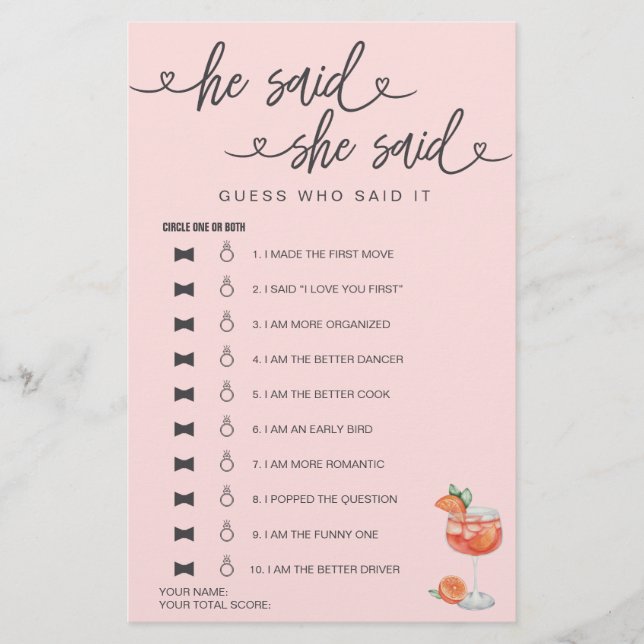 Brautparty Game sagte er sagte, sie sagte raten (Vorderseite)