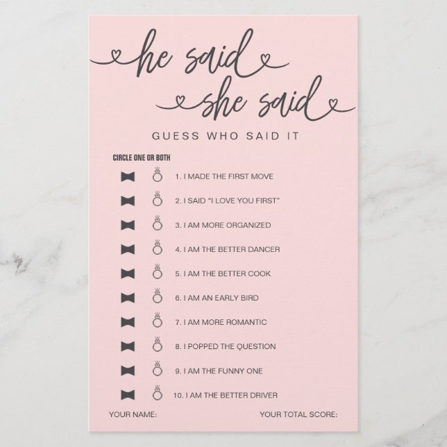 Brautparty Game sagte er sagte, sie sagte raten (Vorderseite)