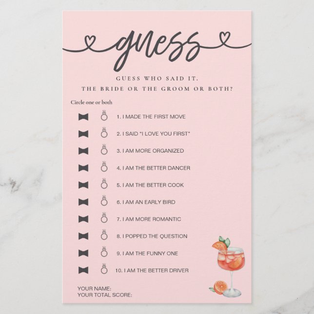 Brautparty Game, sagte er, sie sagte Guess Aperol (Vorderseite)