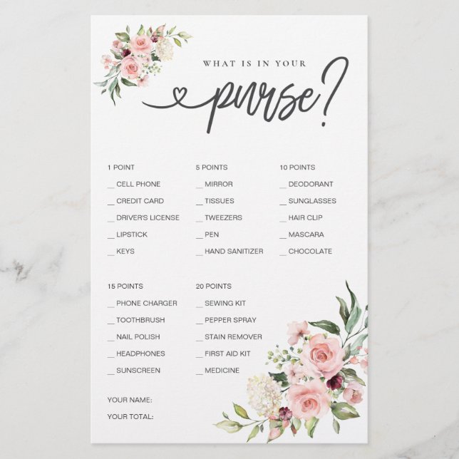 Brautparty Game Was ist in Ihrer Geldbörse? (Vorderseite)