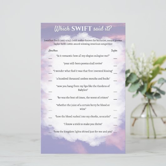 Brautparty Game "Welcher Swift hat es gesagt?" (Stehend Vorderseite)