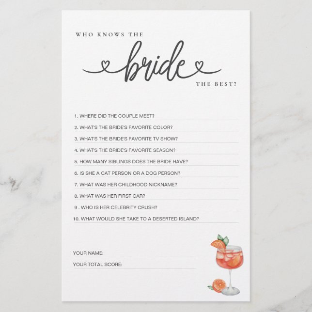 Brautparty Game Wer kennt die Braut die Besten? (Vorderseite)