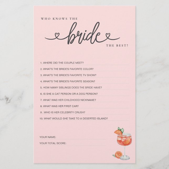 Brautparty Game Wer kennt die Braut die Besten? (Vorderseite)