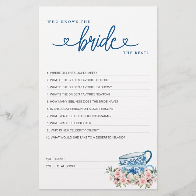 Brautparty Game Wer kennt die Braut die Besten? (Vorderseite)