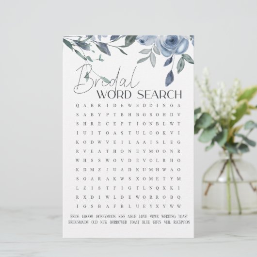 Brautparty Game Word Search Dusty Blue Flowers (Stehend Vorderseite)