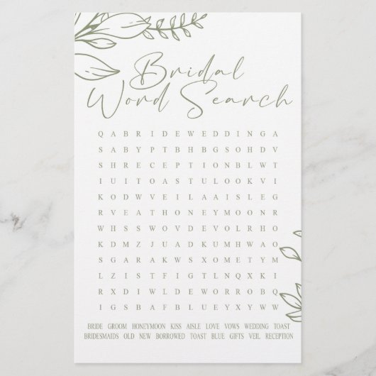 Brautparty Game Word Search Sage Boho Blume (Vorderseite)