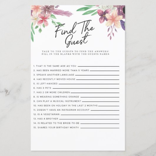 Brautparty Games finden Game Floral (Vorderseite)