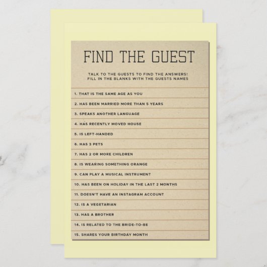 Brautparty Games Finden Sie die Guest Library Card (Vorne/Hinten)