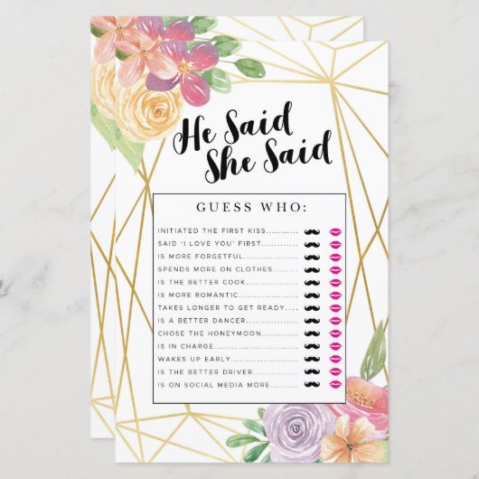 Brautparty Games, sagte er, sie sagte Game Floral (Vorne/Hinten)