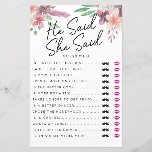 Brautparty Games, sagte er, sie sagte Game Floral (Vorderseite)
