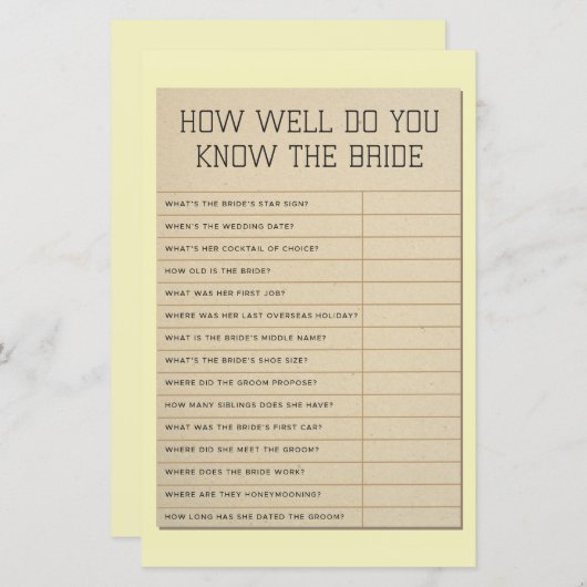 Brautparty Games wie gut kennen Sie die Braut (Vorne/Hinten)