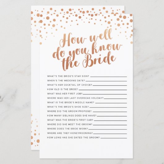 Brautparty Games wie gut kennen Sie die Braut (Vorne/Hinten)