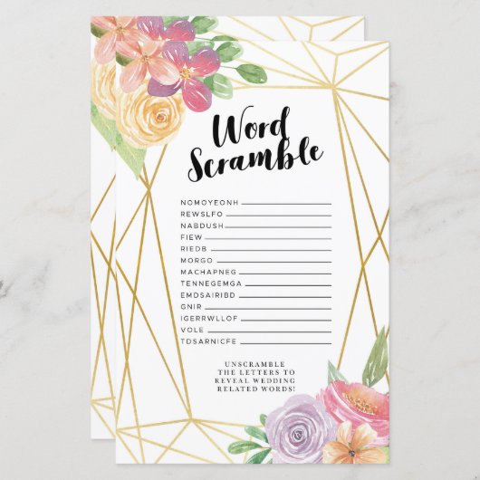 Brautparty Games Word Scramble Game Pink Floral (Vorne/Hinten)