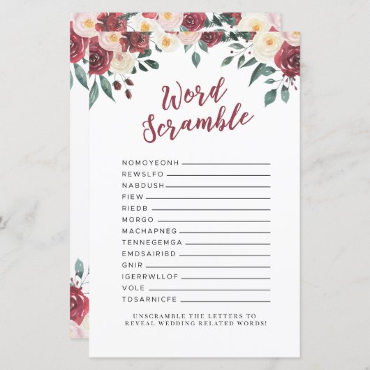Brautparty Games Word Scramble Game Red Floral (Vorne/Hinten)