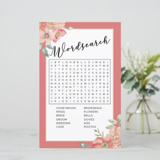 Brautparty Games Word Search Game Pink Floral (Stehend Vorderseite)