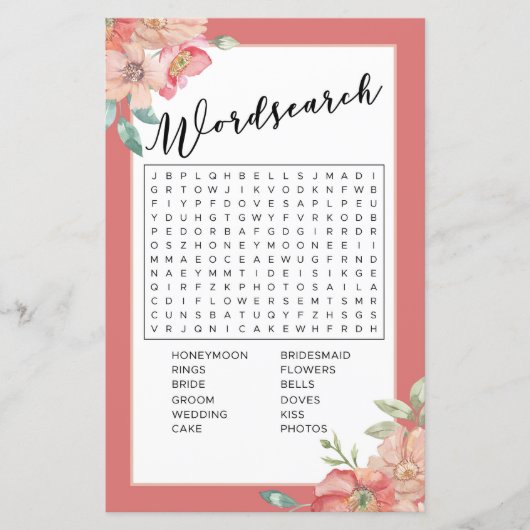 Brautparty Games Word Search Game Pink Floral (Vorderseite)