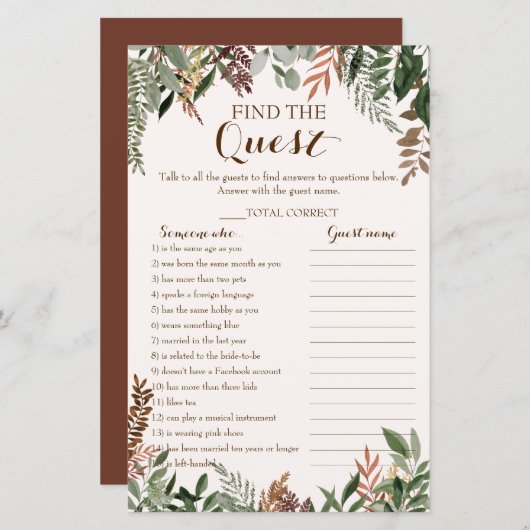 Brautparty "Gast Game А"-Blätter finden (Vorne/Hinten)