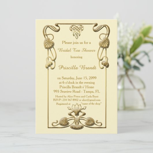 Brautparty, Gatsby Stil, Elfenbein & Gold Einladung (Stehend Vorderseite)