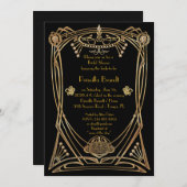 Brautparty, Gatsby-Stil, Schwarz & Gold, Artdeco Einladung (Vorne/Hinten)