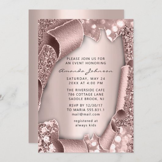 Brautparty Geburtstag 16. Rose 3D-Glitzer Rosa Einladung (Vorne/Hinten)