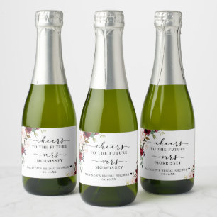 Brautparty-Geschenk im burgunderroten Floral-Desig Schaumweinetikett