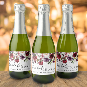Brautparty-Geschenk mit Burgunder-Rosé-Blumenmotiv Schaumweinetikett