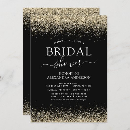 Brautparty Glitzer Black Gold Girly Einladung (Vorne/Hinten)