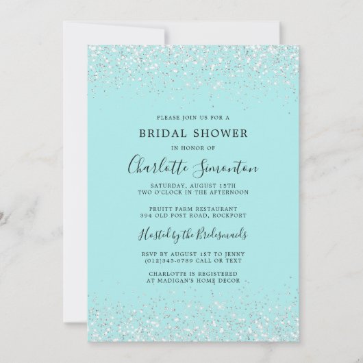 Brautparty Glitzer Silver Aquamarin Glam Einladung (Vorderseite)