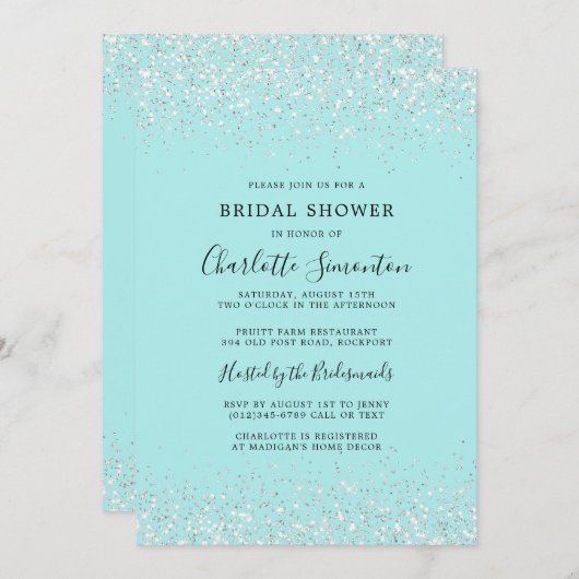 Brautparty Glitzer Silver Aquamarin Glam Einladung (Vorne/Hinten)