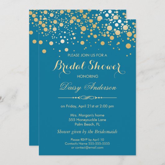 Brautparty - Gold Confetti Dots Royal Blue Einladung (Vorne/Hinten)