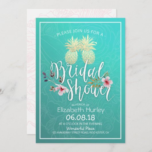 Brautparty Gold Foil Ananas Couple Aquamarine Rose Einladung (Vorne/Hinten)